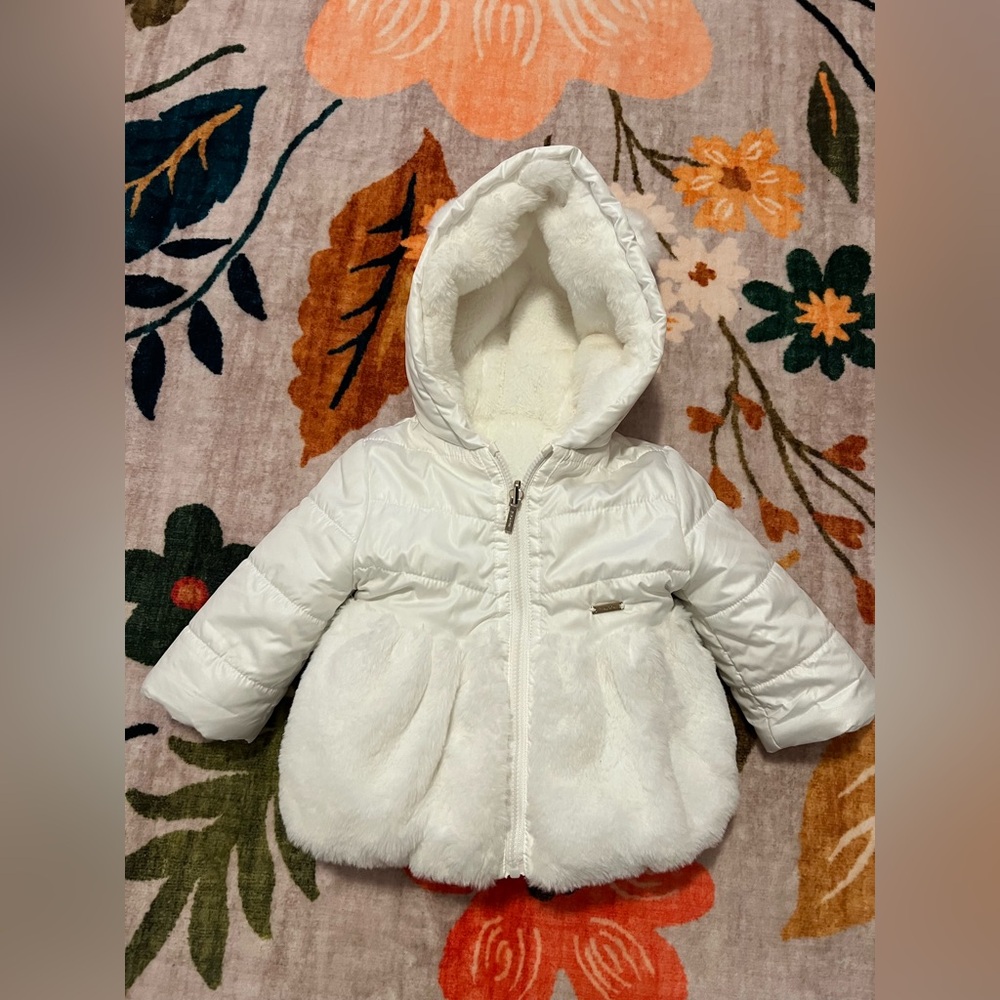 Like NEW Mayoral White Faux Fur Hooded Baby Coat